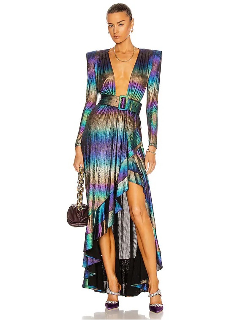 Retrofete Retrofete Harmony Metallic Belted Ruffle Maxi Dress
